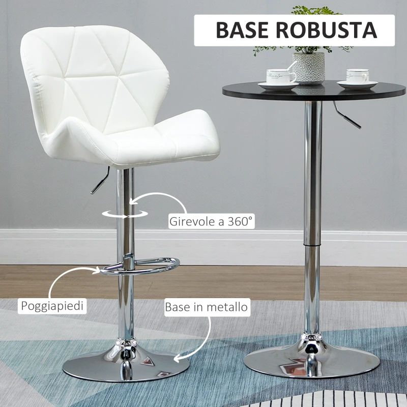 HOMCOM Set 2 Sgabelli da Bar con Altezza Regolabile, Base in Metallo e Seduta in Pelle PU, Sgabelli Cucina con Schienale e Poggiapiedi, 51.5x57.5x93-114.5cm, Bianco