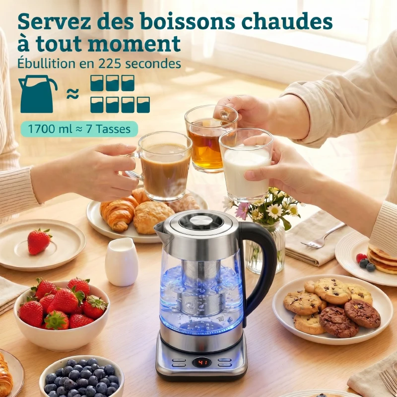 HOMCOM Bouilloire électrique, 1,7L, ébullition rapide 2200W avec thermostat strix, infuseur à thé, fonction maintien au chaud