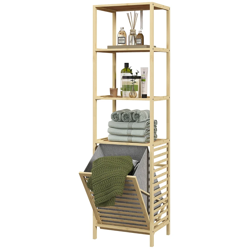 HOMCOM Estante de Casa de Banho em Bambu com 3 Prateleiras e 1 Cesto para Roupa Suja Removível 44x33x160 cm Natural