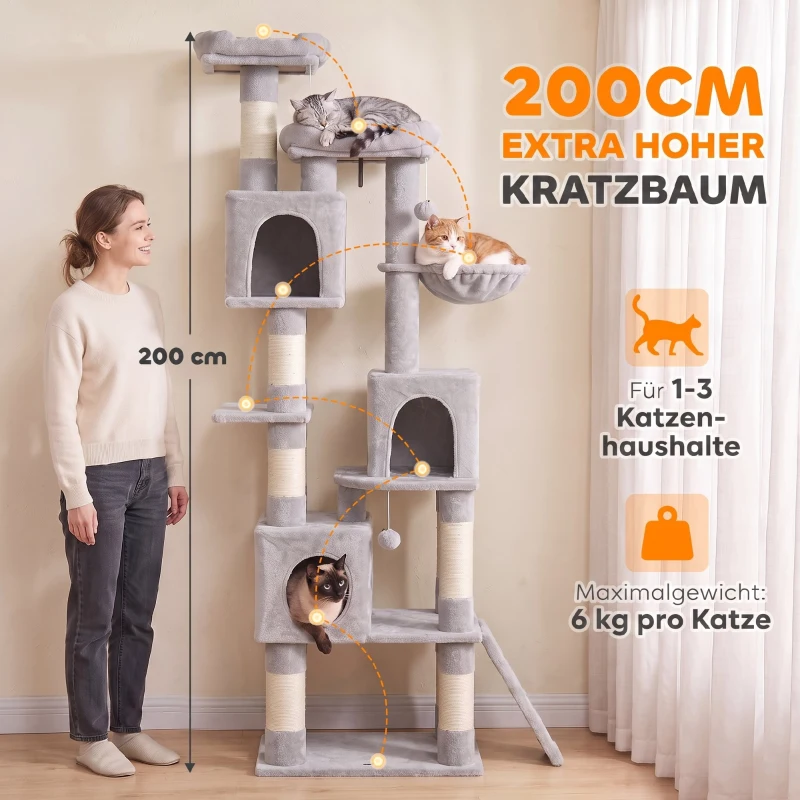 PawHut Kratzbaum Große, 200 cm hoch Katzenbaum mit 2 Betten, 3 Höhlen, Hängematte, 3 Bällen für 1-3 Katzen unter 6 kg, Hellgrau