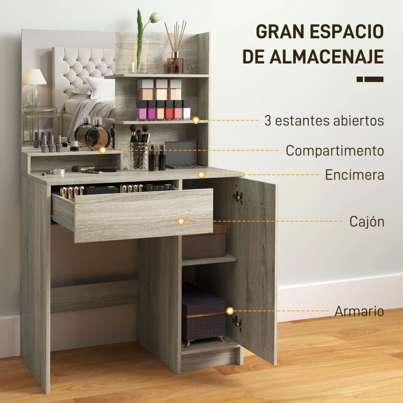 HOMCOM Tocador de Maquillaje con Taburete Espejo Estantes Abiertos Cajón y Estante Ajustable Anti-vuelco Natural y Beige