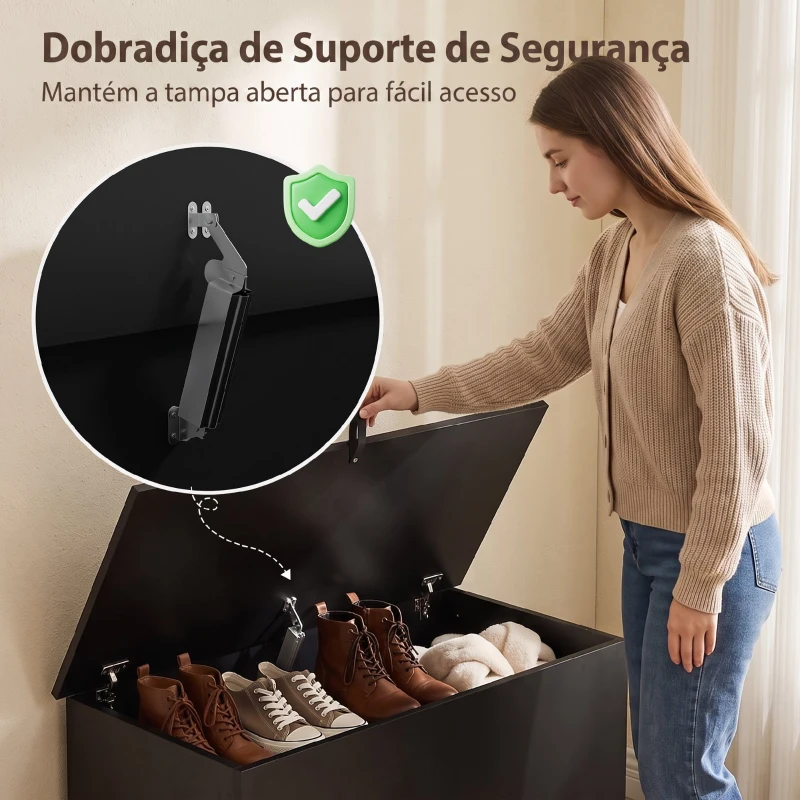 HOMCOM Baú de Arrumação 102 L com Dobradiça de Segurança Estilo Moderno para Corredor Quarto e Sala de Estar 80x40x45 cm Preto