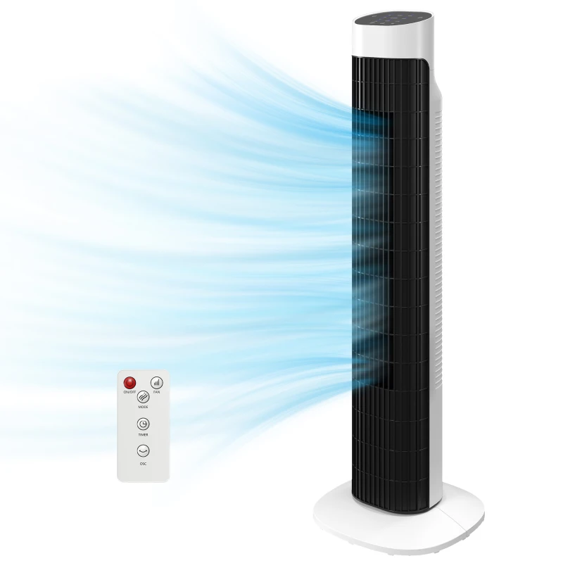 HOMCOM Ventilador de Torre Silencioso con Control Remoto 3 Velocidades 3 Modos Temporizador 7,5H Oscilación 70° Blanco y Negro