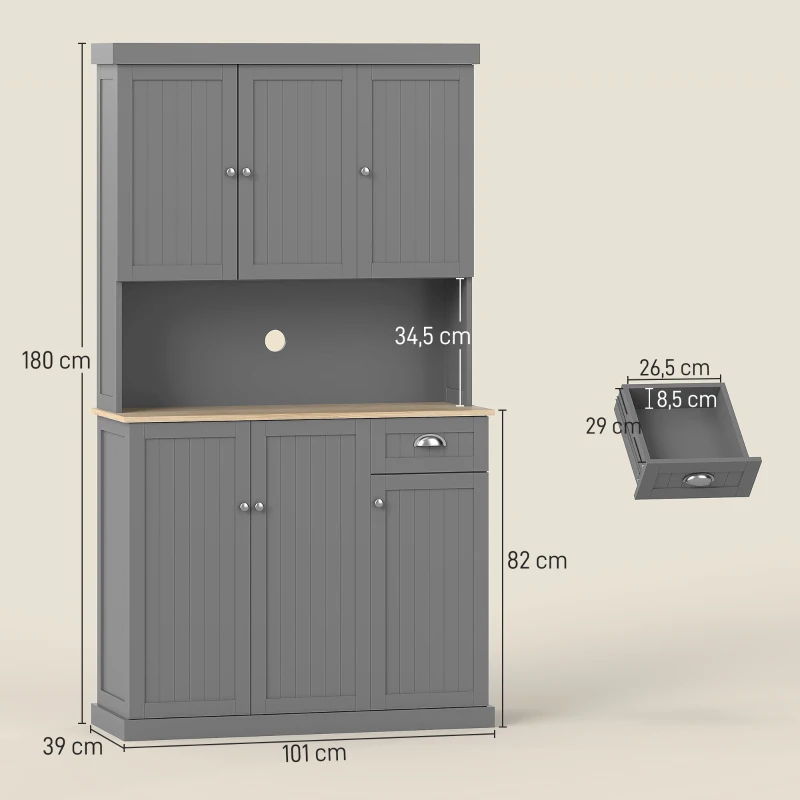 HOMCOM Mobile Dispensa Stile Country con Mensole Regolabili, Armadietti e Cassetto, in Legno, 101x39x180 cm, Grigio