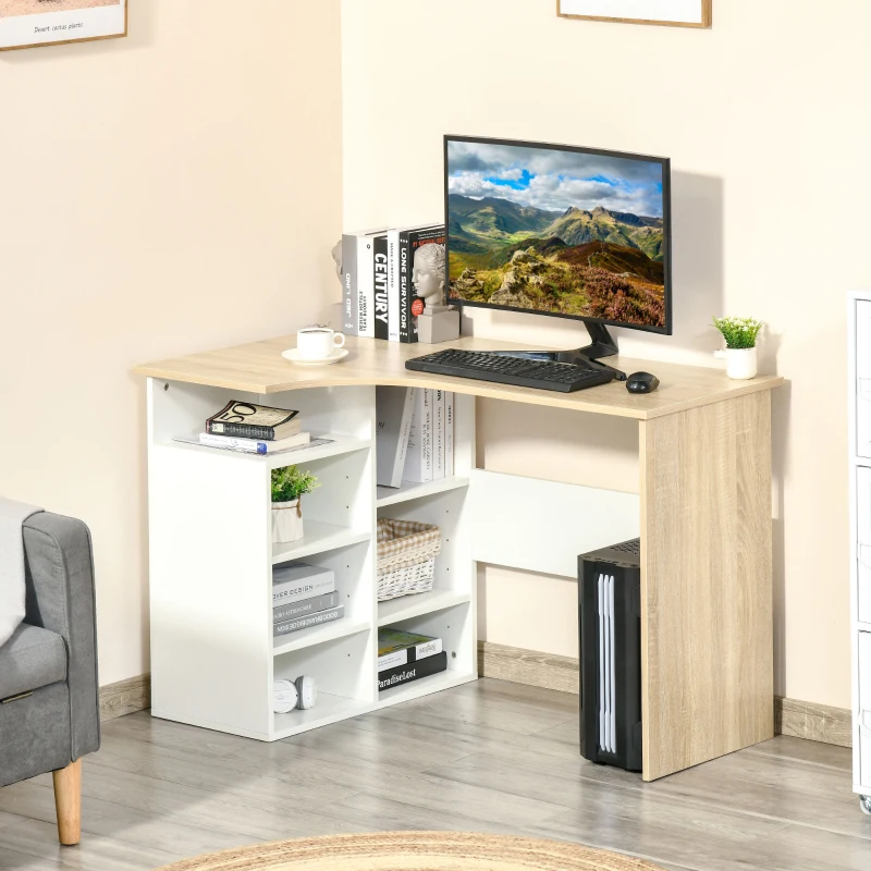 HOMCOM Escritorio Esquinero Mesa de Ordenador en Forma de L Escritorios Juveniles con Estantes Ajustables para Oficina Casa Despacho 120x70x75 cm Blanco y Roble