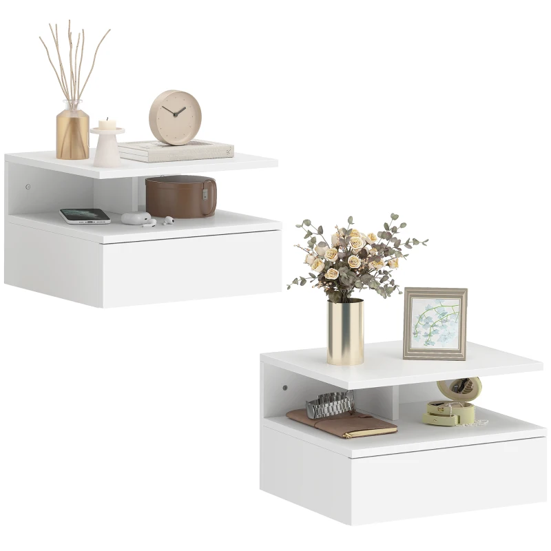HOMCOM Lot de 2 tables de chevet murales, tables de nuit suspendues avec tiroir, étagère ouverte, 35x32x22,5cm, blanc