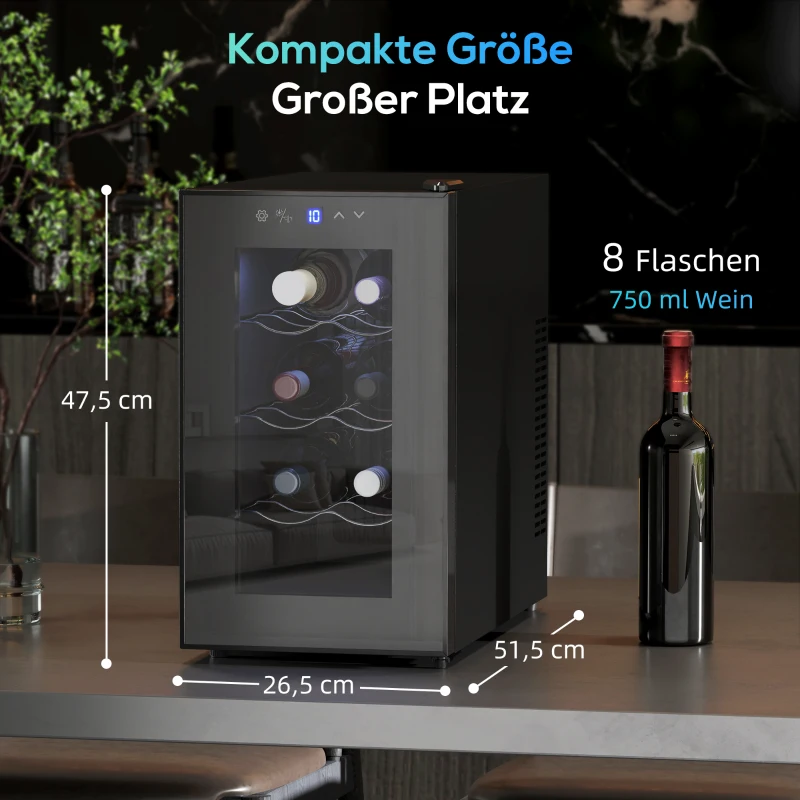 HOMCOM Weinkühlschrank für 8 Flaschen, 21L, Thermoelektrik, verstellbare Regal, LED-Beleuchtung, Schwarz
