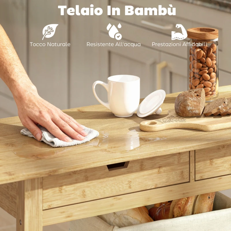 HOMCOM Carrello Cucina in Legno di Bambù con 2 Cassetti, 2 Ripiani a Doghe e 2 Rotelle, 100x43x75 cm, Legno