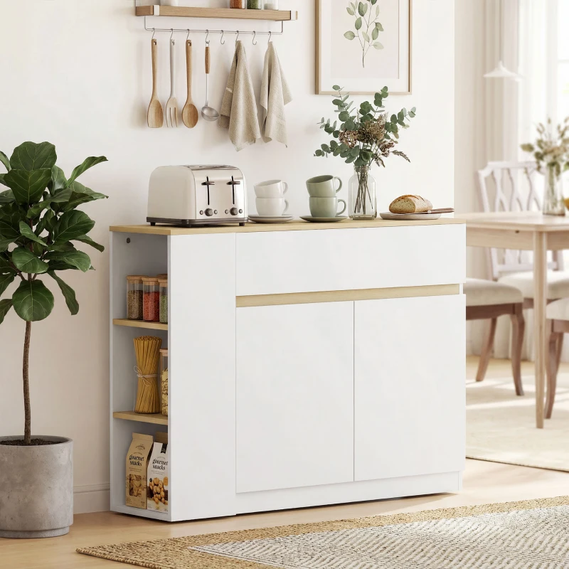 HOMCOM Aparador Armario de Cocina con 2 Puertas Cajón y 3 Estantes Abiertos para Salón Comedor 110x29,5x82 cm Blanco