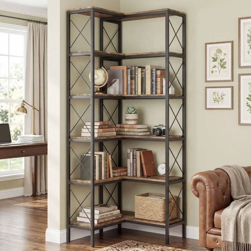 HOMCOM 5-Tier L-Shaped Bookshelf, Freestanding Corner Bookcase with Metal Frame, Rustic Brown