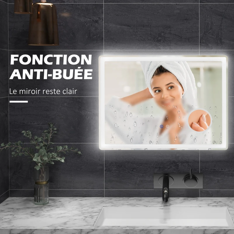 kleankin Miroir salle de bain rectangulaire LED fonction anti-buée luminosité réglable miroir grossissant x3 80 x 60 cm transpent