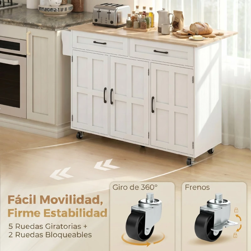 HOMCOM Isla de Cocina con Encimera Extensible Ruedas 2 Cajones 3 Armarios Estantes en la Puerta Toallero Blanco