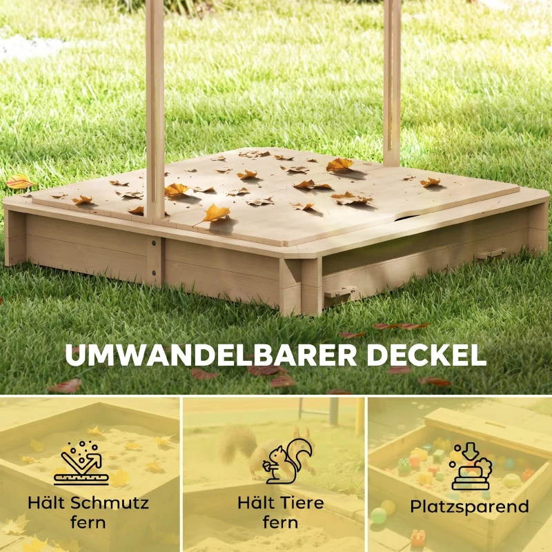 Outsunny Sandkasten 106x106 cm Kinder Sandbox aus Holz mit höhenverstellbar Abdeckung Sitzbänken Rücklehnen Blau