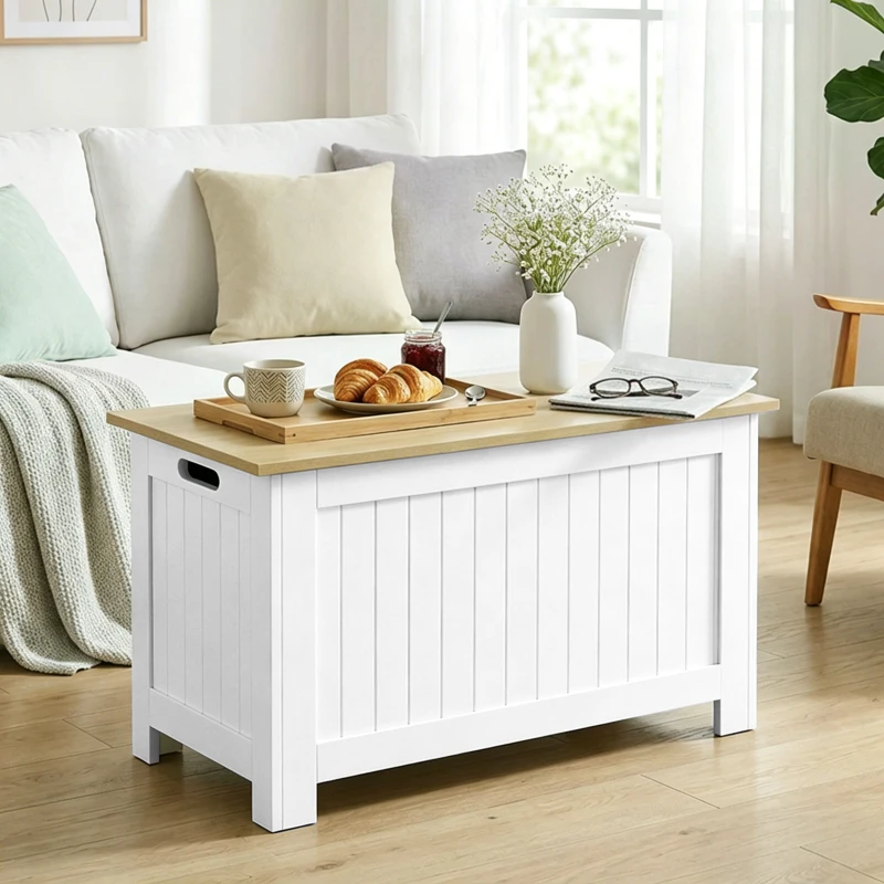 HOMCOM Baú de Arrumação 90 L com Tampa Versátil com Dobradiça de Segurança 80,5x40x46,4 cm Madeira e Branco