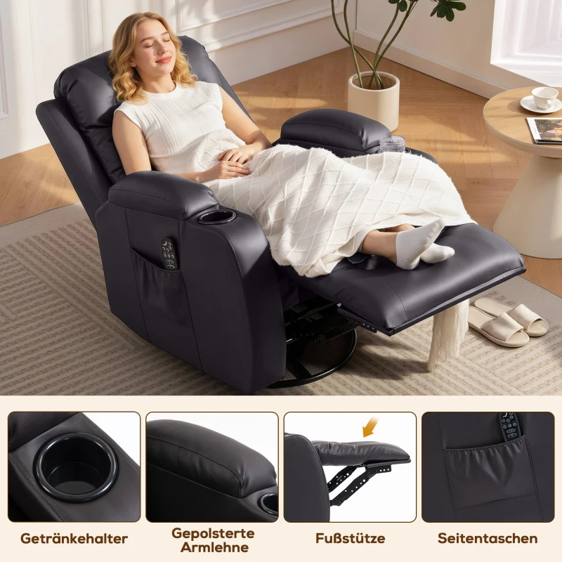 HOMCOM Massagesessel mit Wipp-, Liege- & Wärmefunktion, 3 Modi, drehbar, Dunkelbraun