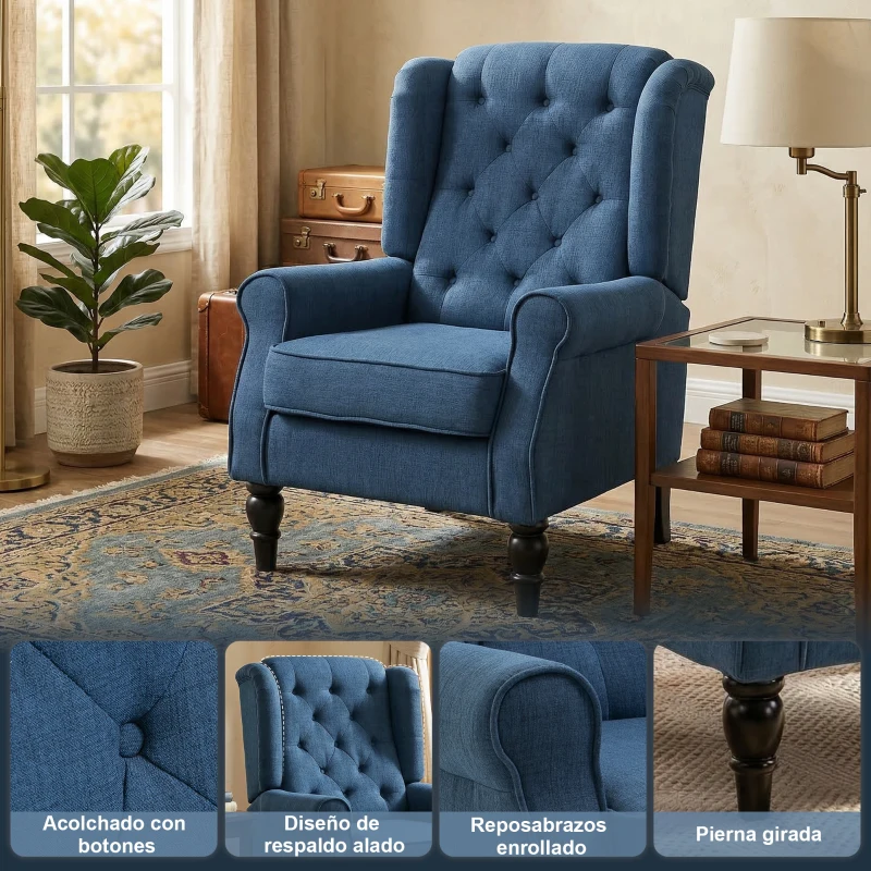 HOMCOM Sillón de Salón con Reposabrazos y Patas de Madera Butaca Carga 160 kg para Dormitorio Oficina Sala de Estar 74x86x102 cm Azul