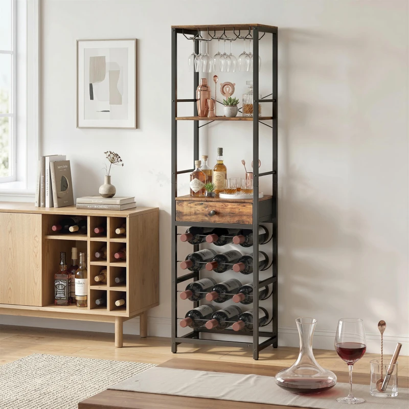 HOMCOM Weinbar-Schrank mit Schublade, Industrieller Barschrank, Weinregal für 12 Flaschen, Glashalter, Rustikal Braun