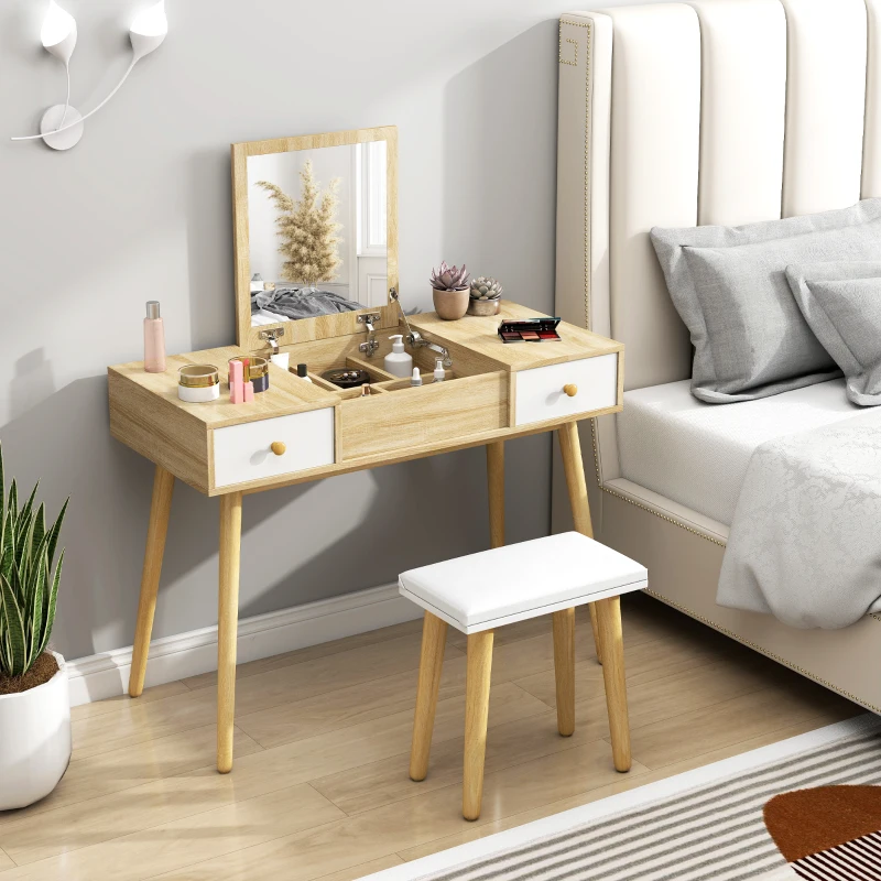 HOMCOM Ensemble de coiffeuse avec tabouret miroir rabattable style scandinave 2 tiroirs 100 x 45 x 118 cm naturel et blanc