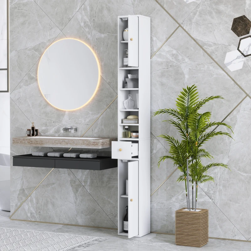 HOMCOM Colonna Bagno Salvaspazio con 2 Armadietti, 3 Ripiani Aperti e Cassetto, in Legno, 20x20x178 cm, Bianco