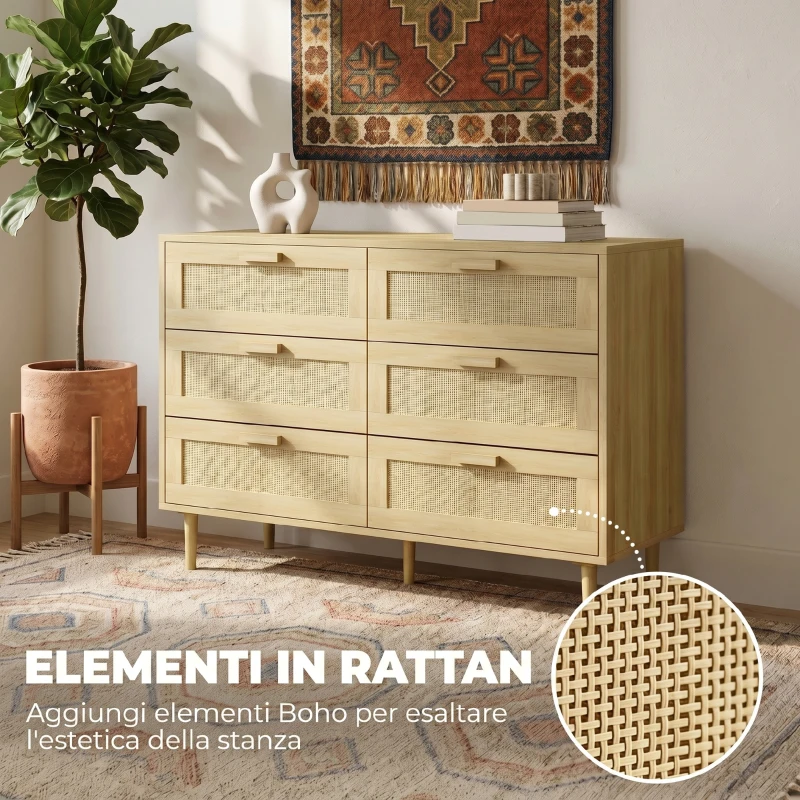 HOMCOM Cómoda para Dormitorio con 6 Cajones con Frontal de Ratán Patas de Madera Cajonera Estilo Bohemio 110x40x75 cm Roble