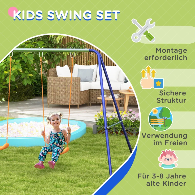Outsunny Kinder Schommelset met 2 Schommelzitjes, voor 3-8 jaar, Staal, 2,7 x 1,6 x 1,8 m