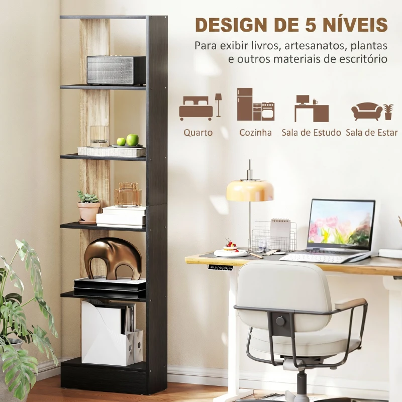 HOMCOM Estante de 5 Níveis Estante Estreita para Espaços Pequenos 45x21x170 cm Preto e Carvalho