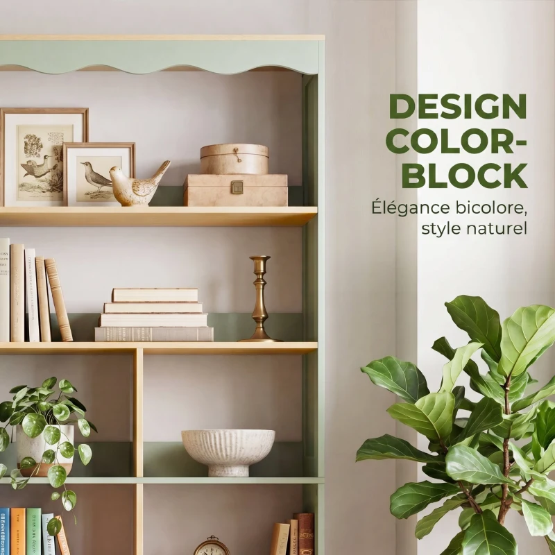 HOMCOM Bibliothèque, étagère de rangement à 6 niveaux avec 6 compartiments ouverts, 76 x 23,8 x 180 cm, bois naturel et vert