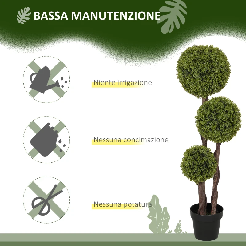 HOMCOM Pianta di Bosso Artificiale a 3 Sfere con Vaso Incluso e Fondo Rinforzato, Altezza 115 cm