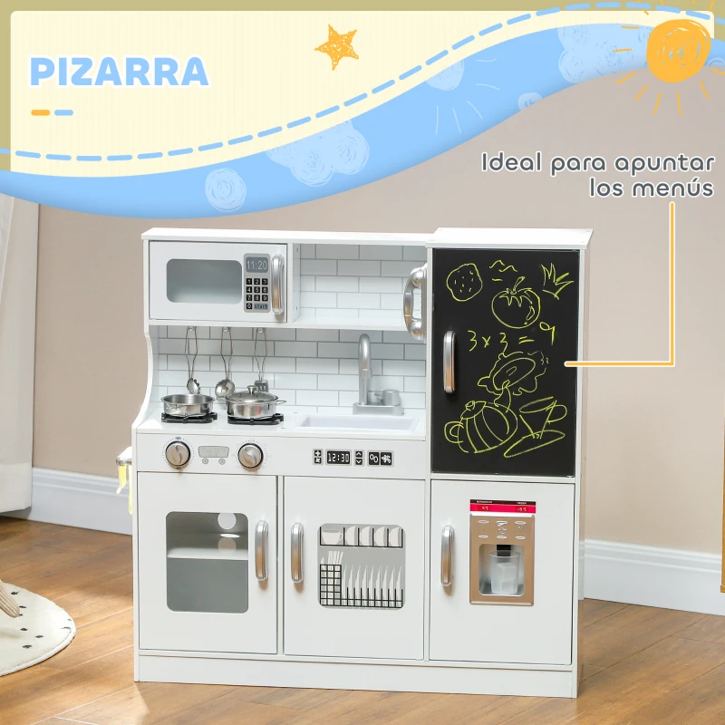 AIYAPLAY Cocina para Niños de +3 Años con Accesorios para Cocinar Pizarra Máquina de Hielo y Teléfono 83,8x26,8x81 cm Blanco