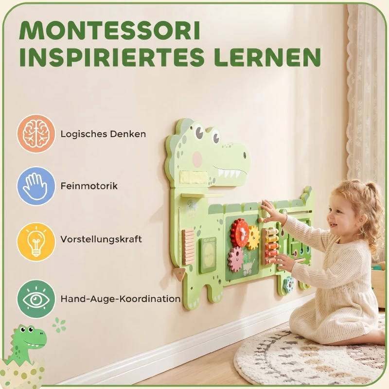 AIYAPLAY Montessori Motorikbrett Holz Busy Board Dinosaurier Wandmontiertes mit Xylophon Uhr Zahnrädern Klangstäbe
