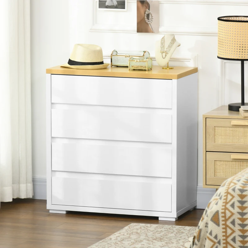 HOMCOM Cómoda Moderna con 4 Cajones Mueble Cajonera de Madera para Dormitorio Salón Habitación 70x37x75 cm Blanco y Natural