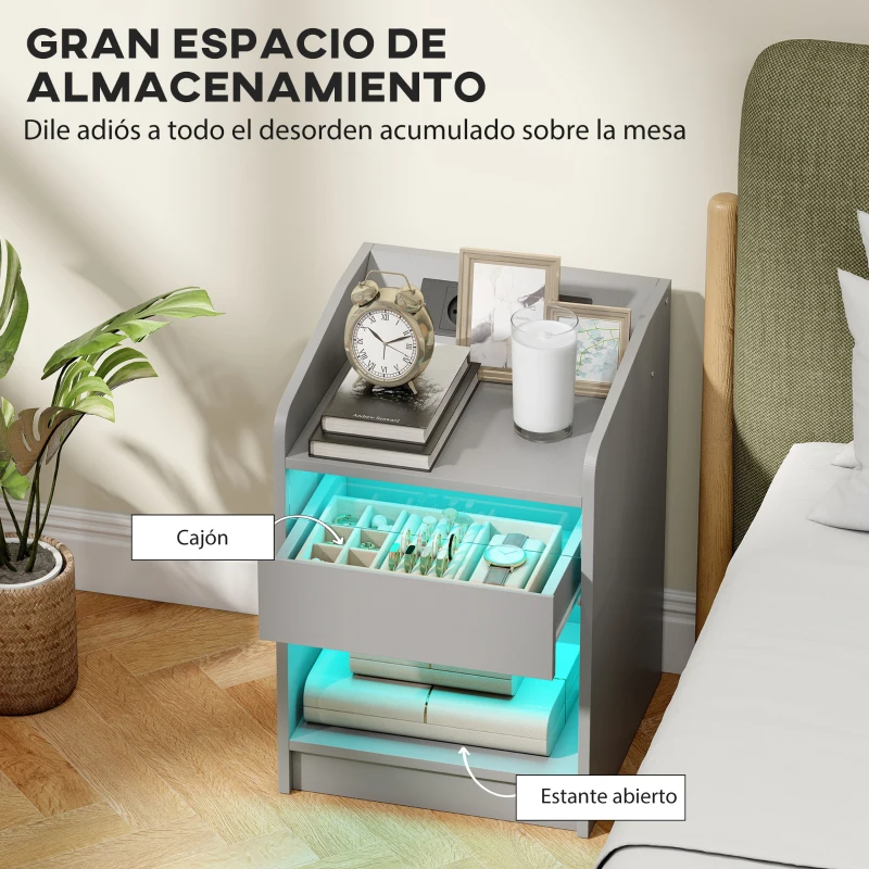 HOMCOM Mesita de Noche con Estación de Carga Luz LED RGB Cajón Estante Abierto Puertos USB y Control Remoto 40x40x58 Cm Gris