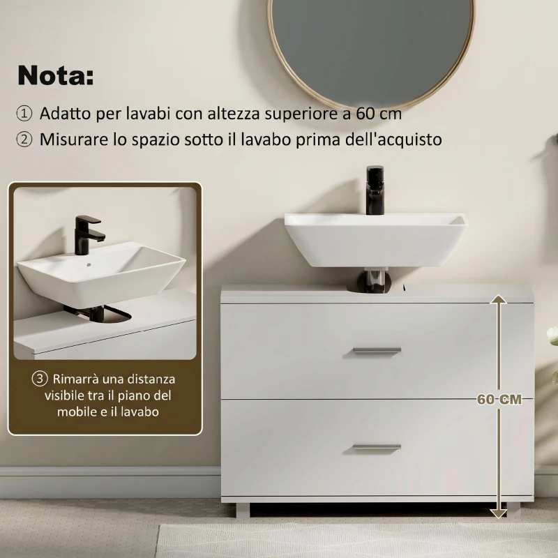 HOMCOM Mobile Sottolavabo Moderno con 2 Cassetti e Divisori per Lavabo Senza Piedistallo, 80x30x60 cm, Bianco