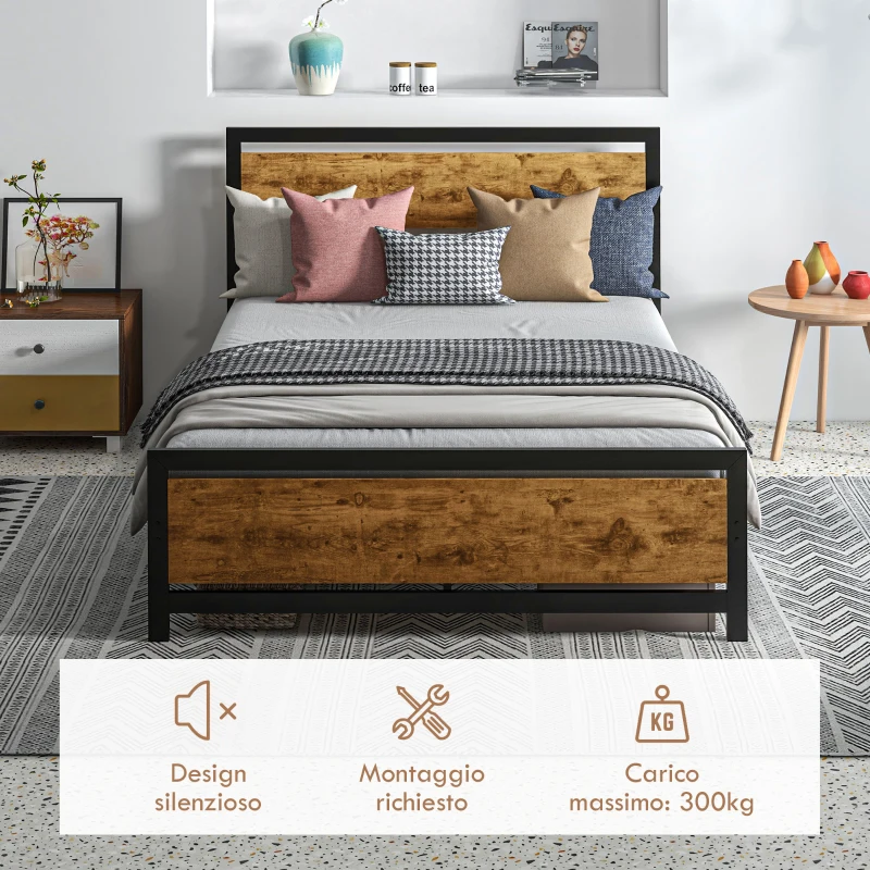 HOMCOM Struttura Letto Una Piazza e Mezza in Legno e Acciaio con Doghe in Stile Industriale, 140x200cm