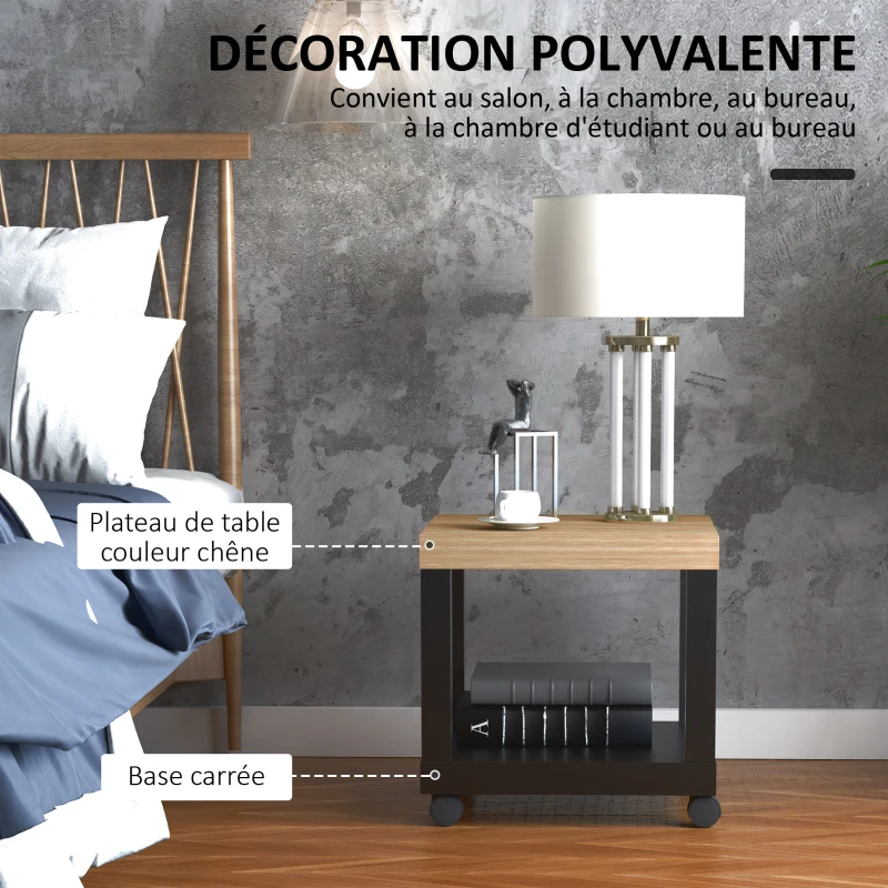 HOMCOM Table d'appoint roulante, table basse moderne avec étagère ouverte, 40 x 40 x 40 cm, bois naturel & noir