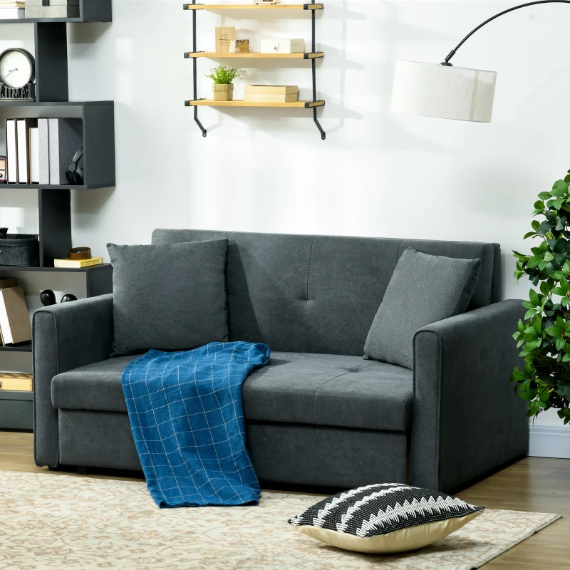 HOMCOM Modern Snow Flannel Loveseat Sofa Sleeper, 2 Seater Sofa Bed with Hidden Storage, Dark Grey