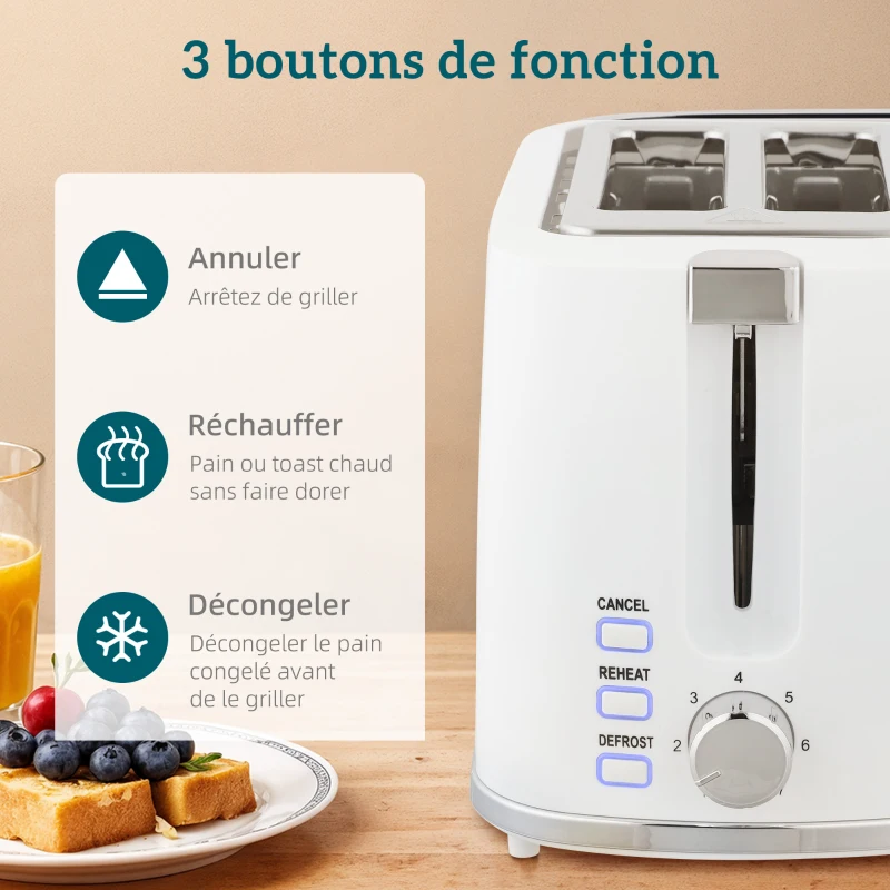 HOMCOM Ensemble bouilloire et grille-pain, bouilloire en acier 1,7 L et 2200 W et grille-pain à 2 tranches, blanc