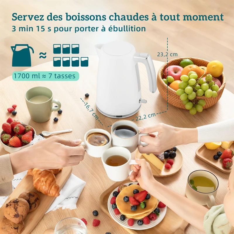 HOMCOM Ensemble bouilloire et grille-pain, bouilloire en acier 1,7 L et 2200 W et grille-pain à 2 tranches, blanc