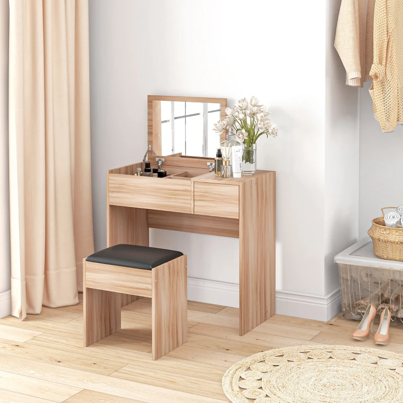 HOMCOM Tocador de Maquillaje con Taburete Mesa de Maquillaje con Espejo Tapa Abatible y Cajas 80x40x79 cm y 40x30x40 cm