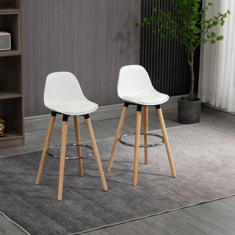 HOMCOM Lot de 2 tabourets de bar, chaises de bar en PU avec dossier et repose-pieds, assise rembourrée 69 cm, pieds en bois, style moderne, tabourets hauts pour cuisine, salle à manger, salon, blanc