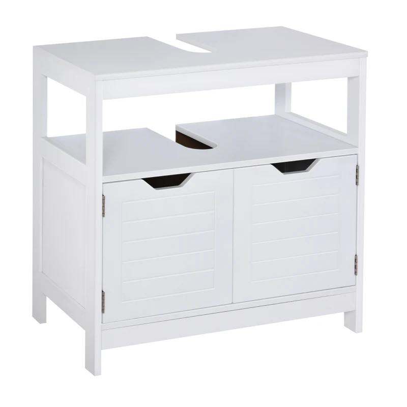 kleankin Armario para Debajo de Lavabo Gabinete de Baño con Estante 2 Puerta de Almacenamiento Dispositivo Antivuelco Resistente a la Humedad 60x30x60 cm Blanco