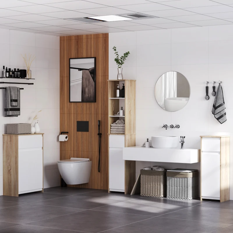 kleankin Armario de Baño con 1 Cajón y 2 Puertas Mueble Auxiliar de Estilo Moderno 60x30x90 cm Blanco y Natural