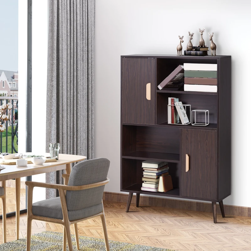 HOMCOM Bibliothèque scandinave 4 niches + 2 placards avec étagère dim. 80L x 24l x 123H cm Pieds effilés inclinés Bois Massif Panneaux Particules wengé