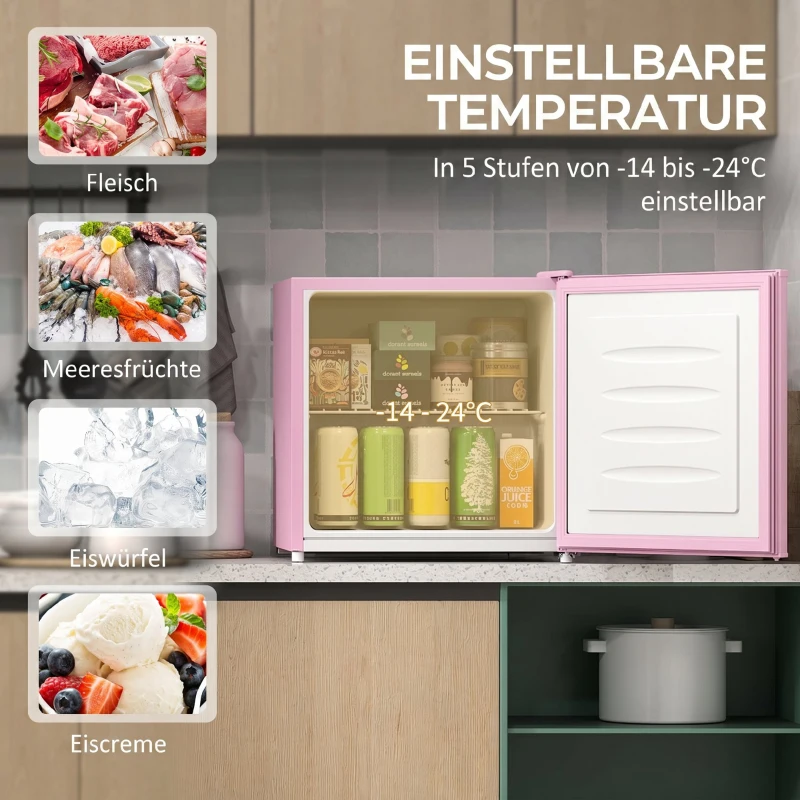 HOMCOM Tischgefrierschrank mit 35 Liter Kapazität, kleiner Gefrierschrank mit umkehrbarer Tür, Rosa