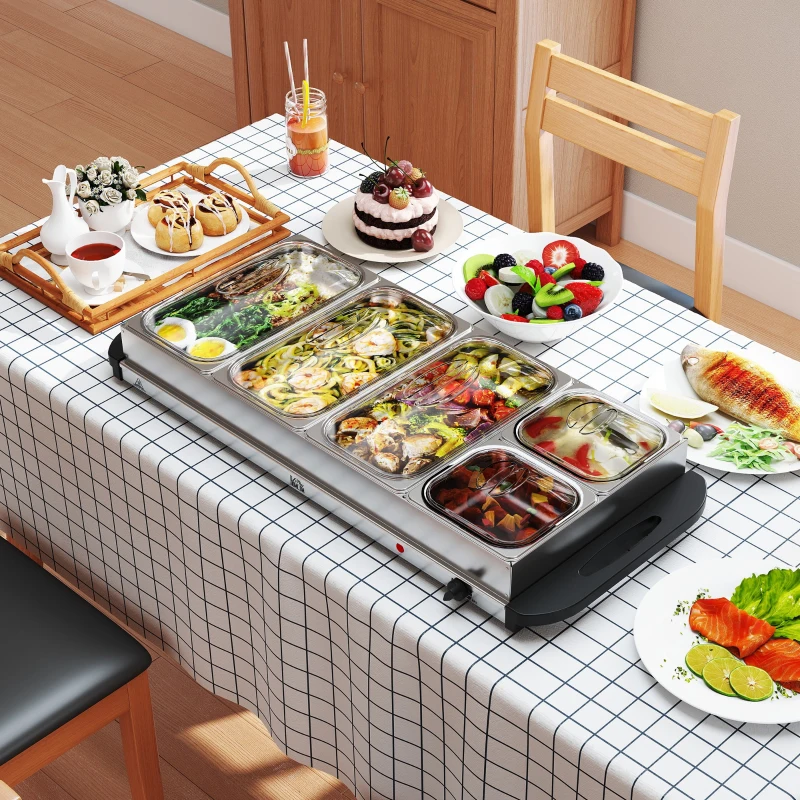 HOMCOM 5 Tray Electric Food Warmer Buffet Server with Warming Plate, Cool Touch Handles, Adjustable Temperature, 300W, 3 x 2.4L and 2 x 1L Pans