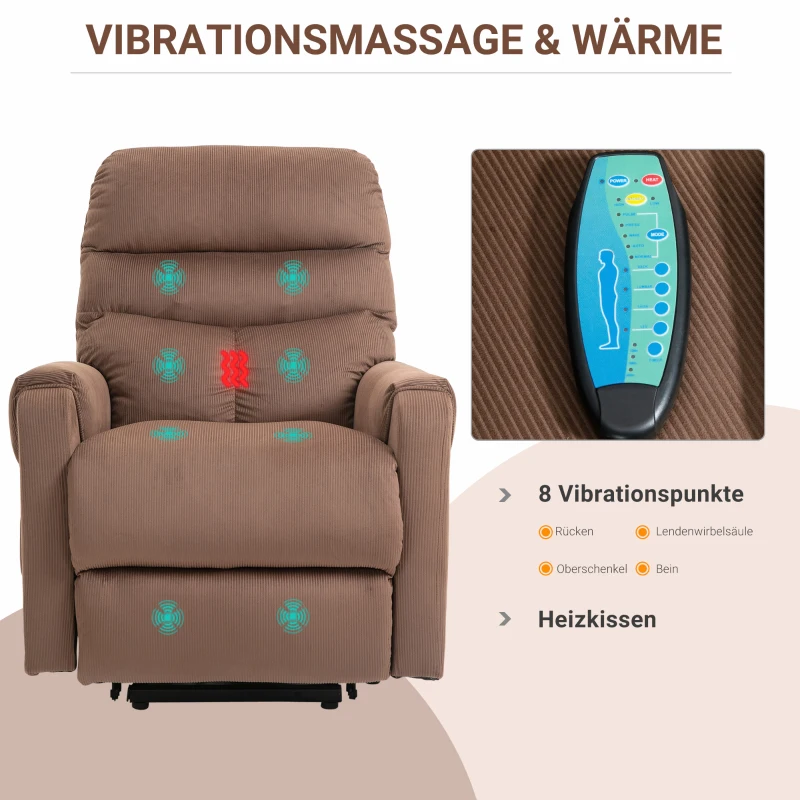 HOMCOM tv-stoel opstahulp stoel met massagefunctie verwarming lichtbruin