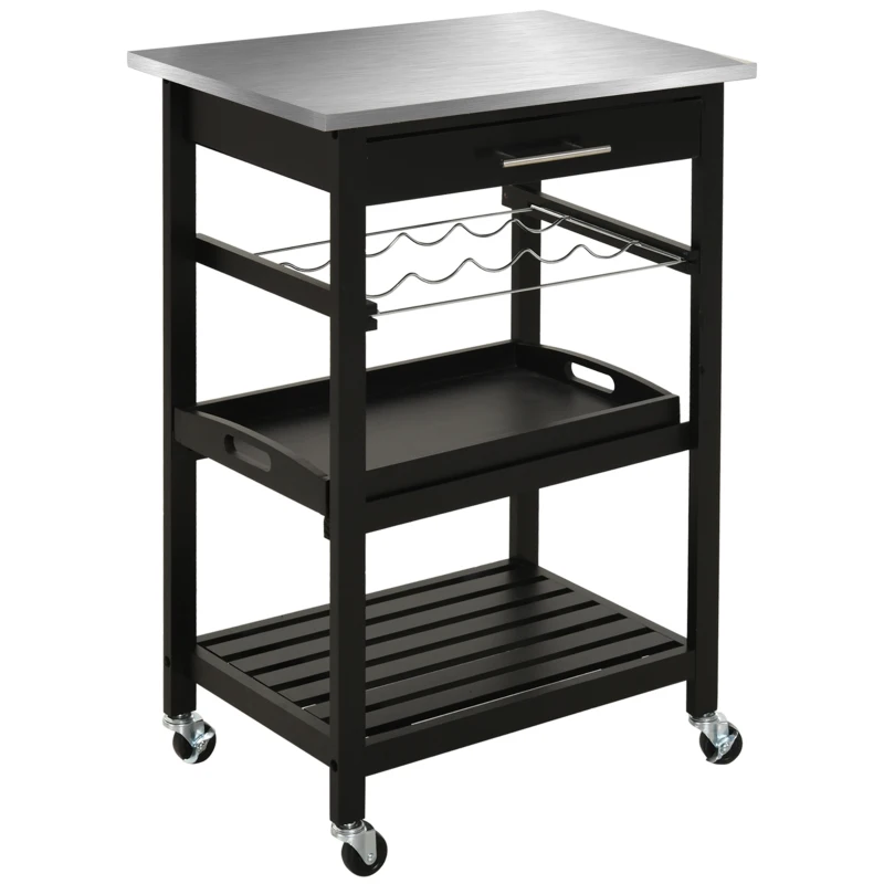 HOMCOM Chariot de Service desserte de Cuisine Table roulantes avec étagère rangement bouteille 60L x 40l x 85H cm Plateau en Acier INOX. Noir
