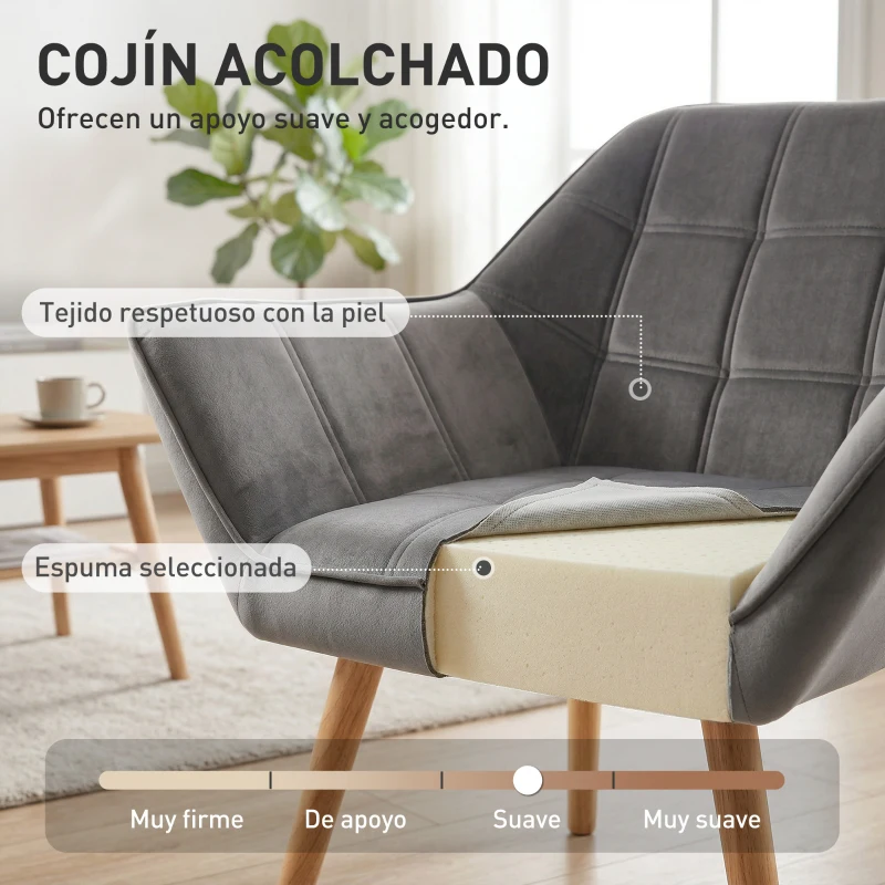 HOMCOM Butaca de Salón Moderna Tapizado en Terciopelo con Patas de Madera Sillón Relax para Sala de Estar Gris