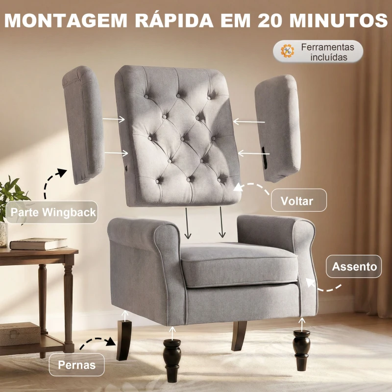 HOMCOM Poltrona de Sala com Apoios de Braços e Pés de Madeira Carga 160 kg para Quarto Escritório Sala de Estar 74x86x102 cm Cinzento