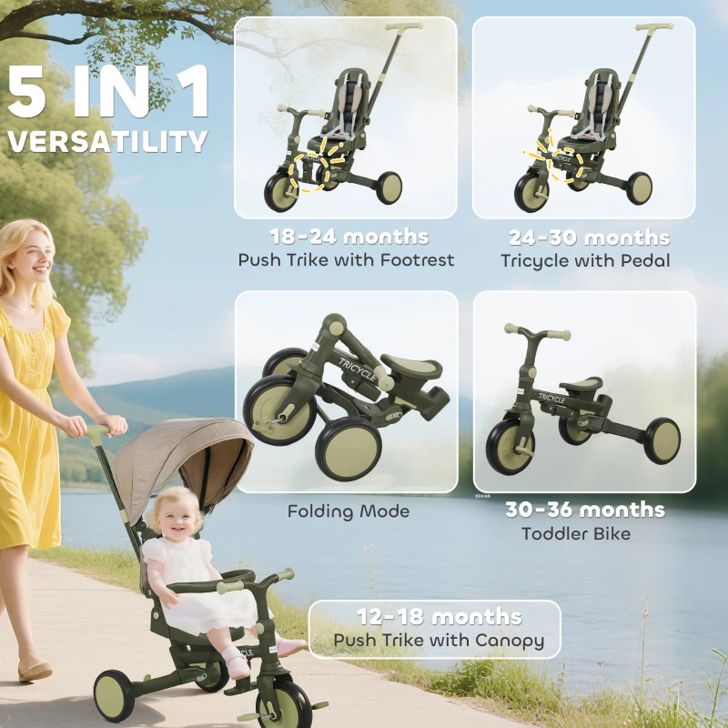 AIYAPLAY 5 in 1 Kids Trike with Adjustable Backrest, Toddler Tricycle with Push Handlebar, Adjustable Backrest, Dark Green